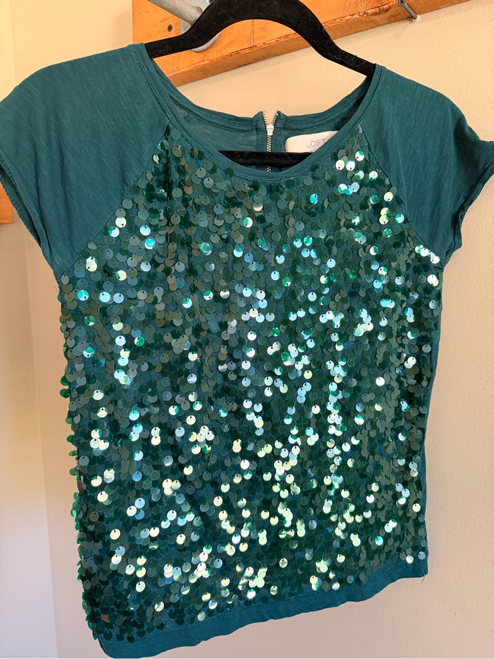 LOFT Teal Green Sequin Short Sleeve Top